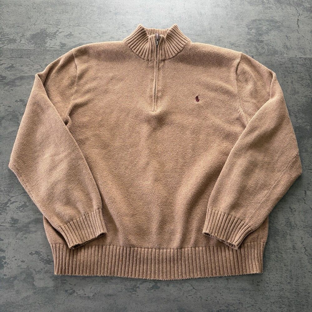 Y2K Polo Ralph Lauren Quarter Zip Sweater Sz XL Tan Camel Brown 100% Cotton Knit